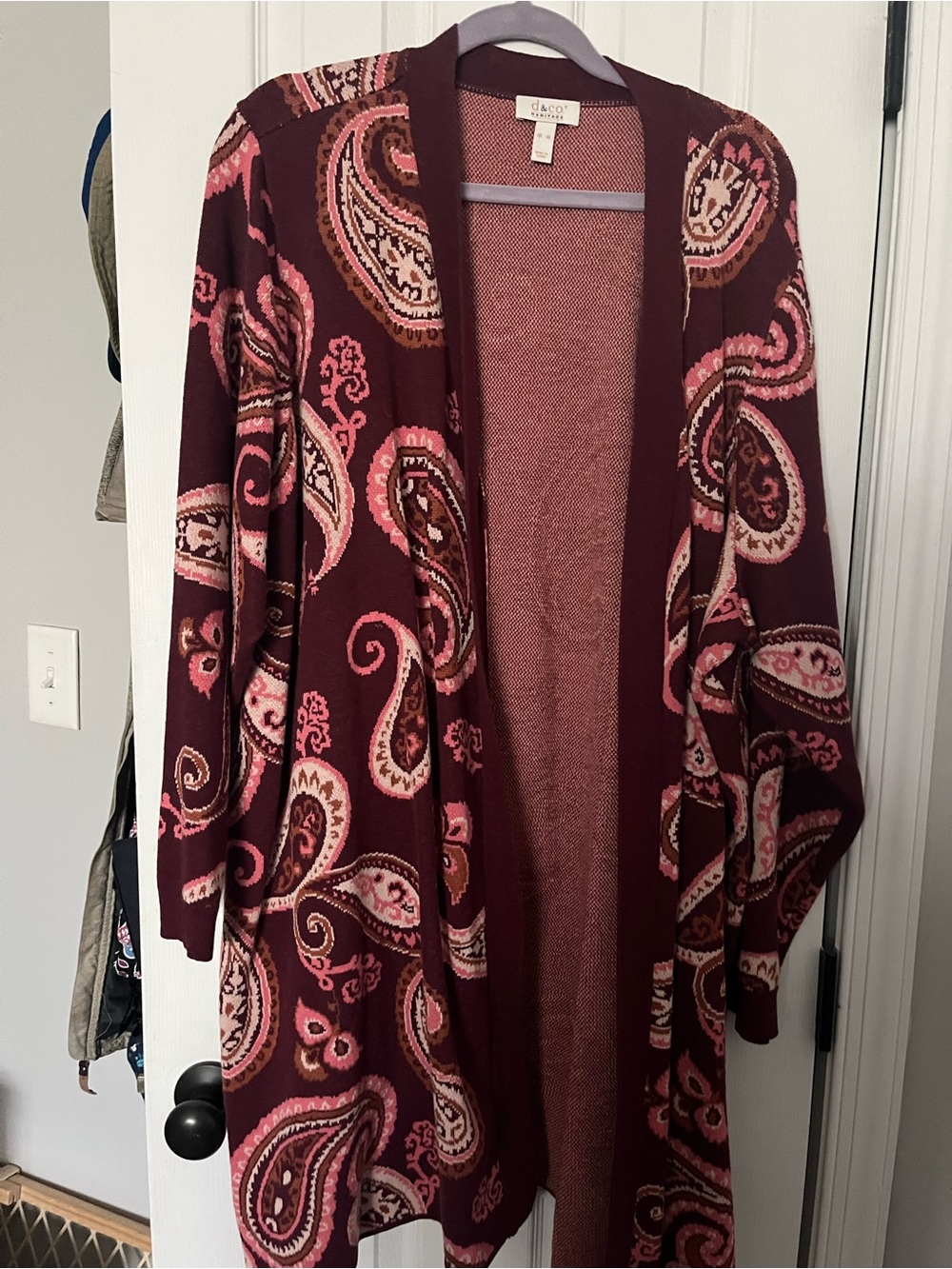 Denim&Co Burgundy Paisley Open-Front Cardigan Jacquard knit